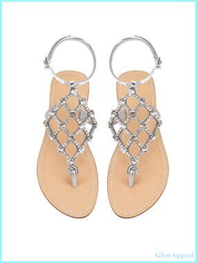 Rhinestone Flat Sandals T-Strap Thong Ankle Buckle Wedding Shoes